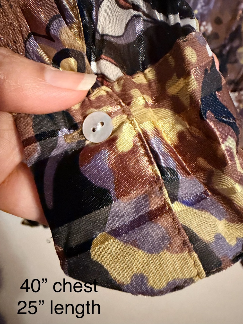 Metallic Abstract Sheer Button Up Blouse Y2K Artsy Euro Chic Top L - Picture 10 of 11